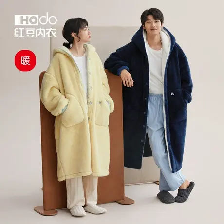 红豆情侣睡衣珊瑚绒加厚冬季睡袍男连帽家居服可外穿泡泡绒浴袍女商品大图