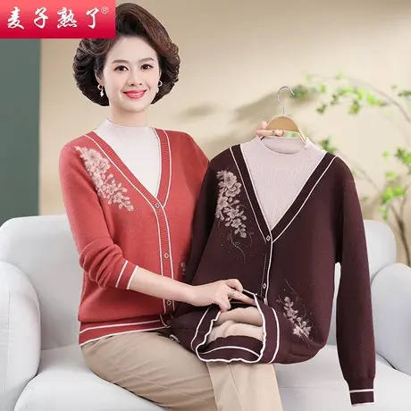 妈妈冬装加绒加厚短款保暖毛衣2023秋新款中老年人女装宽松打底衫商品大图