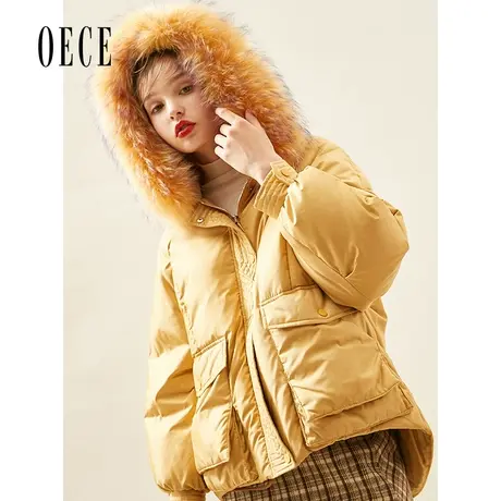 Oece2022冬新款女甜美大毛领加厚外套连帽羽绒服外套商品大图