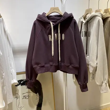 字母刺绣连帽卫衣女韩版宽松短款秋冬装加绒加厚上衣外套ins潮牌商品大图