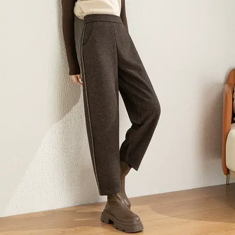 咖色毛呢裤子女秋冬2023新款镰刀裤小个子九分老爹裤哈伦裤休闲裤商品大图