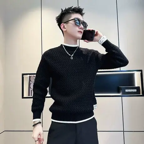 毛衣男秋冬新款个性拼色假两件针织打底衫ins内搭宽松半高领线衣商品大图