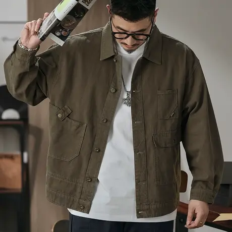 潮流男装斜纹高配精梳棉布男士复古外套碳磨雪花绒时尚外套图片