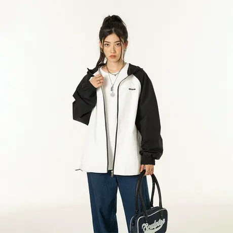 YEP拼接插肩袖连帽女2023年新款春秋款ins潮牌复古宽松外套商品大图