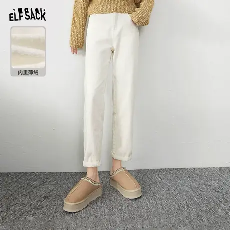妖精的口袋高腰直筒铅笔裤女2023冬季新款白色宽松显瘦加绒休闲裤图片