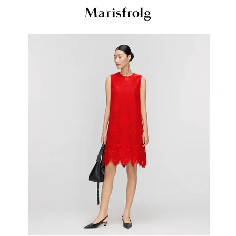 【透气棉感面料】玛丝菲尔夏新款镂空A字无袖蕾丝红色连衣裙图片