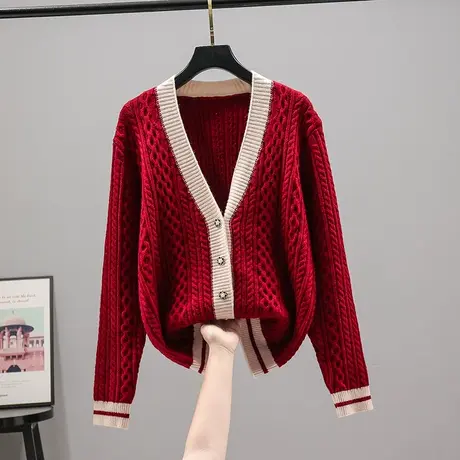 2023春装新款韩版宽松V领长袖针织衫开衫外套毛衣女百搭毛衣长袖商品大图