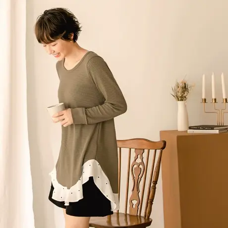 桔熊秋冬季中长款上衣不规则下摆荷叶拼接小格子衫女大码AB16547图片