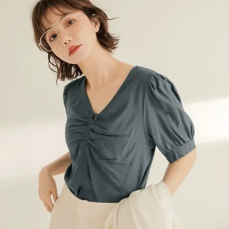 桔熊春秋季通勤胸前抽皱修身V领泡泡袖舒适纯色上衣女大码AB17554图片