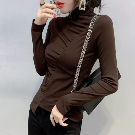 半高领打底衫女长袖2023春秋新款不规则拼接T恤女修身洋气上衣潮商品大图