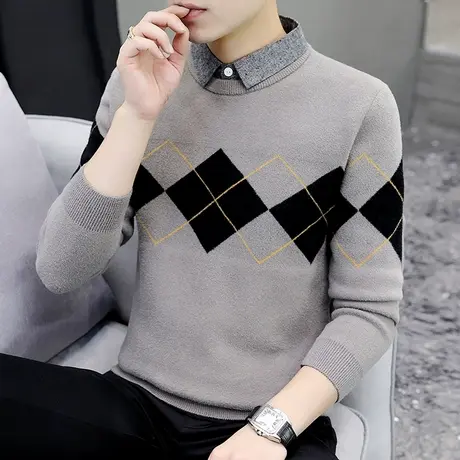 时尚秋季男装带领毛衣男士潮流韩版打底衫假两件帅气针织长袖t恤商品大图