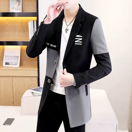 男士中长款风衣春秋季2022新款韩版帅气西装外套潮流拼色刺绣西服商品大图