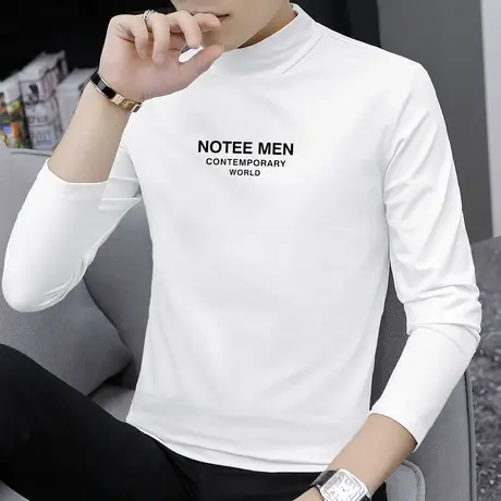 莫代尔白色长袖t恤男装潮流秋季小衫半高领内搭打底衫中领秋衣服图片