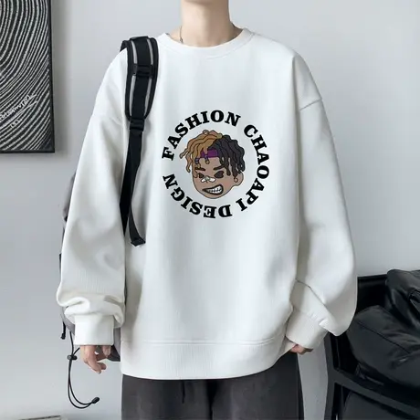 美式t恤男长袖春秋款休闲宽松外套男潮高级感华夫格圆领印花卫衣商品大图