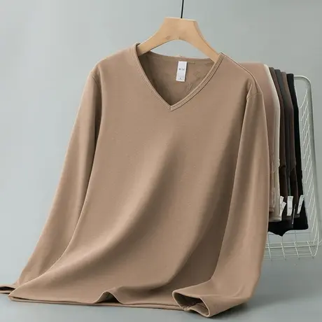 长袖t恤男秋冬季潮流V领纯色上衣服保暖内搭打底衫加绒加厚体恤衫商品大图