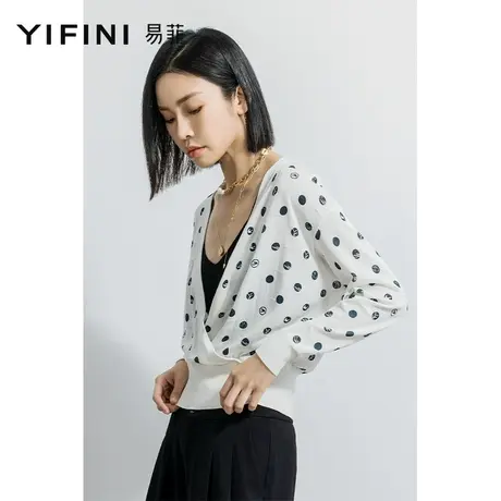 Yifini/易菲长袖宽松V领波点印花针织衫女春新款百搭毛衣外套商品大图