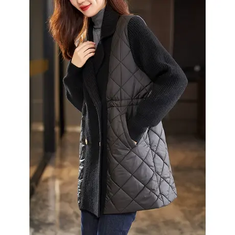 宝诗黎西装领双排扣针织拼接棉服女中长秋冬外套2023新款宽松大衣商品大图