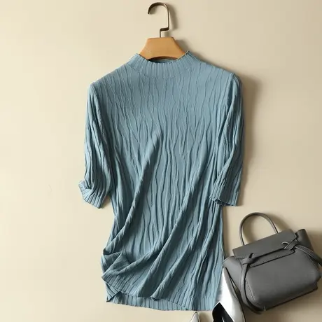 春装2024年新款套头针织打底衫女装薄内搭半高领上衣宽松短袖t恤商品大图