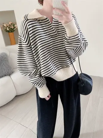 条纹Polo领短款套头毛衣女秋季新款韩版学院风小个子针织衫上衣潮商品大图
