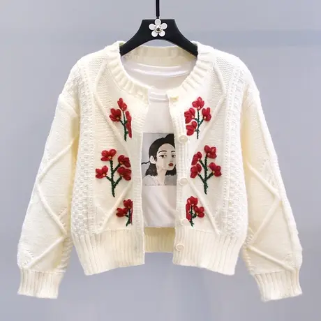 日系甜美刺绣花朵毛衣外套女秋冬2023新款宽松慵懒风短款针织开衫商品大图