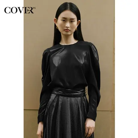 COVER春季羊腿袖弹力光泽感不易皱圆领衬衫图片