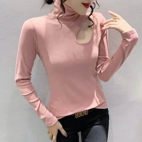 欧货高领打底衫女春秋2024新款气质镂空T恤长袖磨毛加厚内搭上衣商品大图