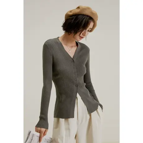 弥古灰色修身针织衫女法式v领打底上衣黑色显瘦内搭秋冬毛衣开衫商品大图