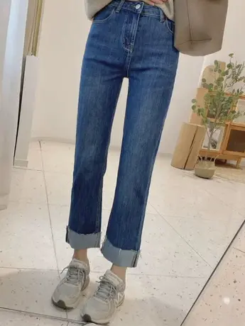 蓝色翻边直筒牛仔裤女宽松显瘦高腰小个子2023春季新款烟管裤子潮商品大图