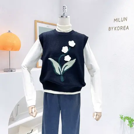 ins郁金香花朵针织上衣2022秋冬款圆领无袖毛衣马甲马夹叠穿韩系图片