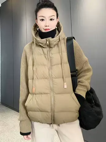 欧货设计感针织袖连帽羽绒服女秋冬新款白鸭绒休闲洋气百搭外套潮商品大图