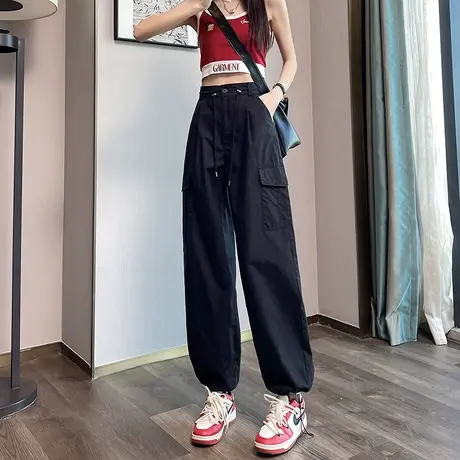 美式抽绳工装裤女秋冬高腰显瘦宽松直筒阔腿束脚黑色小个子休闲裤图片