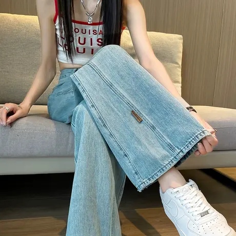 阔腿牛仔裤女宽松显瘦春秋新款浅色小众高腰拖地垂感美式直筒裤子商品大图