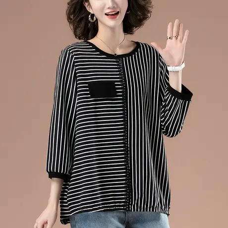 七分袖t恤女夏季加肥加大码女装宽松纯棉条纹遮肚显瘦中袖体恤衫商品大图