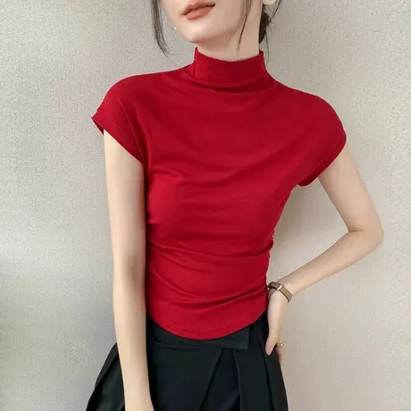 半高领飞飞袖T恤女早秋弹力贴身修身显瘦西装内搭上衣纯色打底衫商品大图