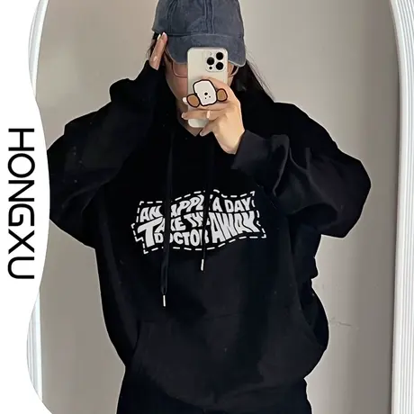 红续2023美式高街复古风黑色印花卫衣oversize显瘦连帽上衣潮百搭商品大图