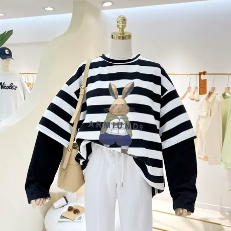 2023春秋卡通兔子条纹拼接假两件宽松大码长袖打底衫T恤女内搭潮商品大图