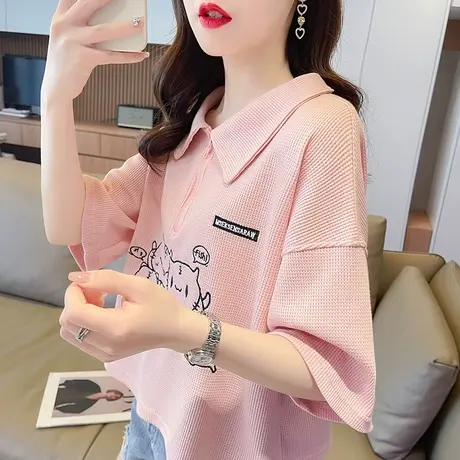 小众设计感小个子短袖t恤女夏季韩版大码宽松翻领华夫格短款上衣商品大图