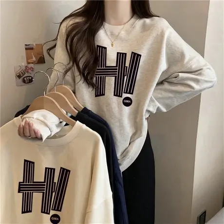 网红ins超火圆领无帽卫衣女秋冬加绒加厚oversize长袖情侣装上衣商品大图