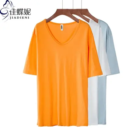 夏季新款韩版纯白宽松休闲纯色中长款下衣失踪V领短袖体恤上衣女图片