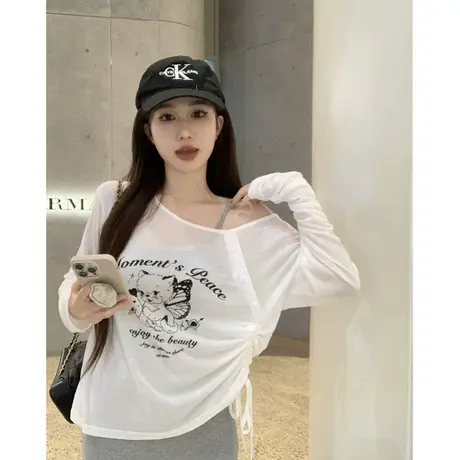 白色露肩t恤女装夏季设计感小众别致罩衫短款长袖一字肩上衣早秋商品大图