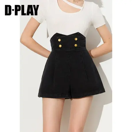 DPLAY夏新款时尚英伦风高腰阔腿短裤OL牛仔黑休闲裤商品大图
