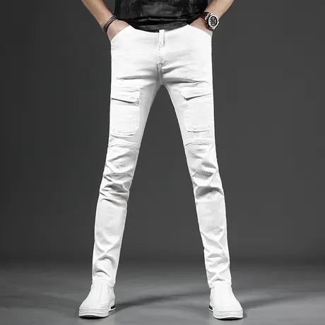 潮牌白色牛仔裤男款修身小脚裤2023新款夏季薄款弹力潮流男士裤子商品大图