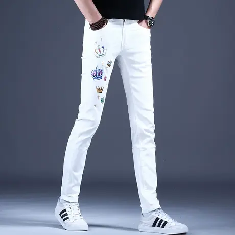 时尚印花白色牛仔裤男款秋冬潮流2023爆款裤子夏天休闲男士欧洲站商品大图