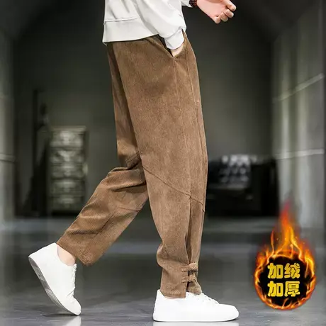 加绒加厚休闲裤男冬季中国风复古盘扣宽松长裤保暖小脚裤子灯芯绒商品大图
