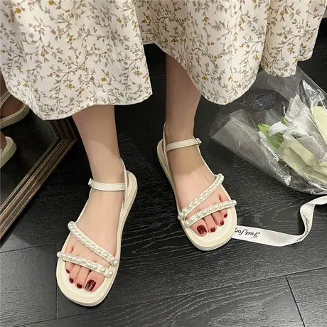 仙女风凉鞋配裙子女2023年夏季新款平底法式晚风珍珠气质沙滩鞋潮商品大图