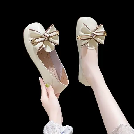 单鞋女夏2023春秋新款蝴蝶结仙女鞋温柔软底软皮豆豆鞋平底奶奶鞋商品大图