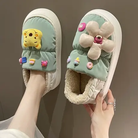 棉拖鞋女冬季包跟可爱卡通防水保暖加绒羽绒布厚底防滑棉鞋可外穿商品大图