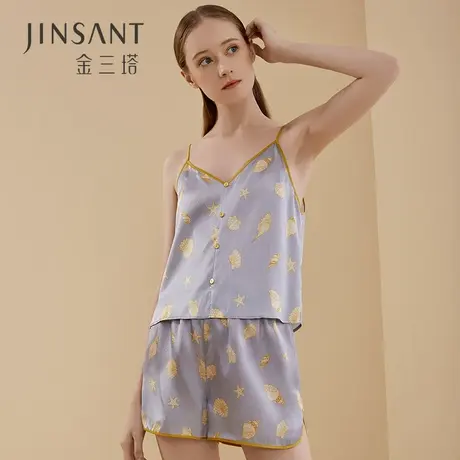 海洋世界】100%桑蚕丝舒适度假风女真丝吊带睡衣印花家居服金三塔图片