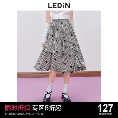 乐町甜美裙子小花长裙休闲早秋新款女装半裙格纹不规则半身裙商品大图