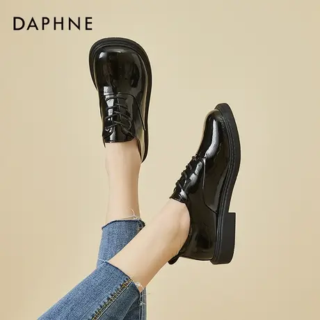 达芙妮黑色系带单鞋女2022年春季新款大头鞋复古英伦风小皮鞋女图片